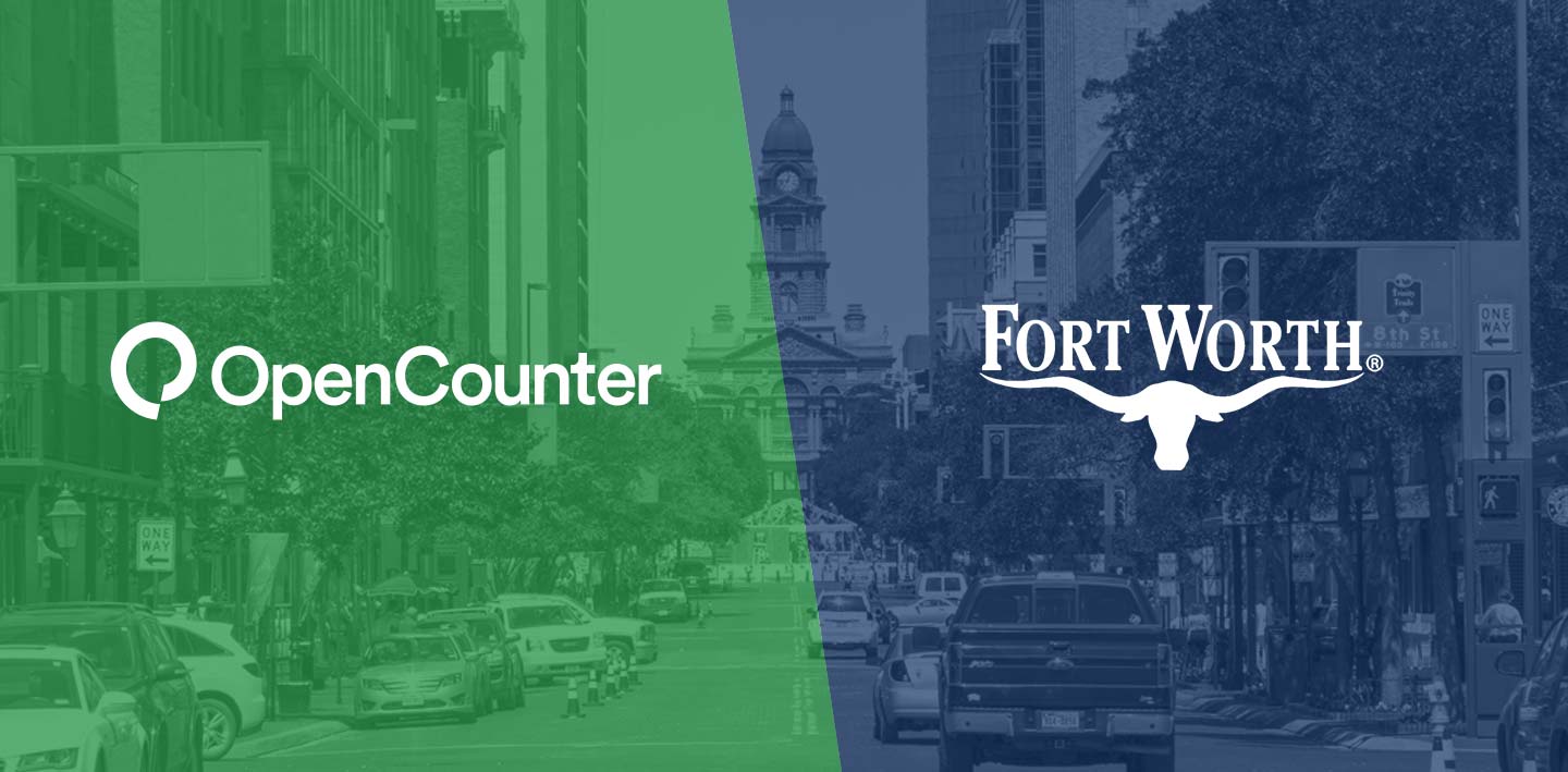 Photo of a street in Forth Worth, Texas, with overlay images of OpenCounter logo and Fort Worth logo