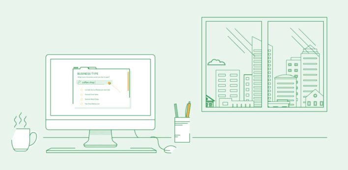 Illustration of the permitting process on a computer screen with a city skyline through a window