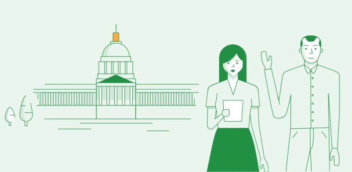 Illustration of two people with a government building in the background
