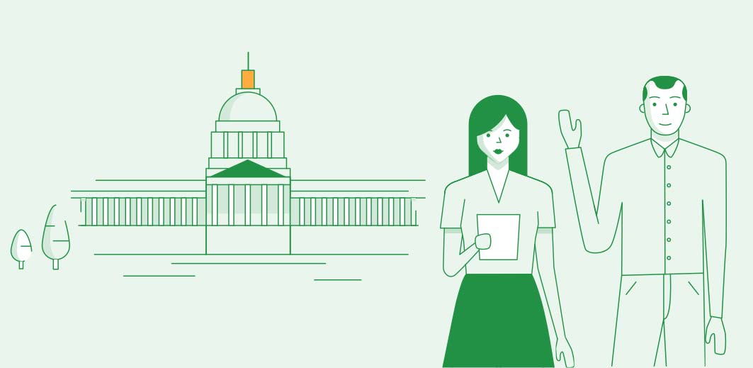 Illustration of two people with a government building in the background